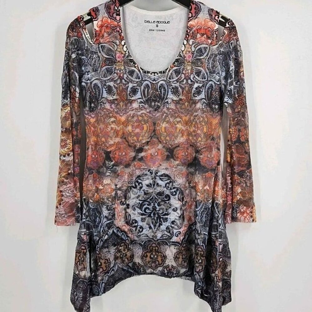 Belle Epoque Womens S Cold Shoulder Stretch Multicolored Abstract Designed Top